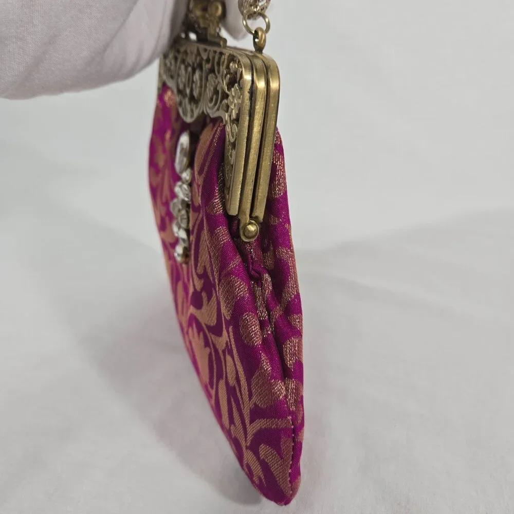 VINTAGE - ANTIQUE Bridgerton Hipster FUCHSIA Embellished Gold Details Clutch Bag - Picture 9 of 17